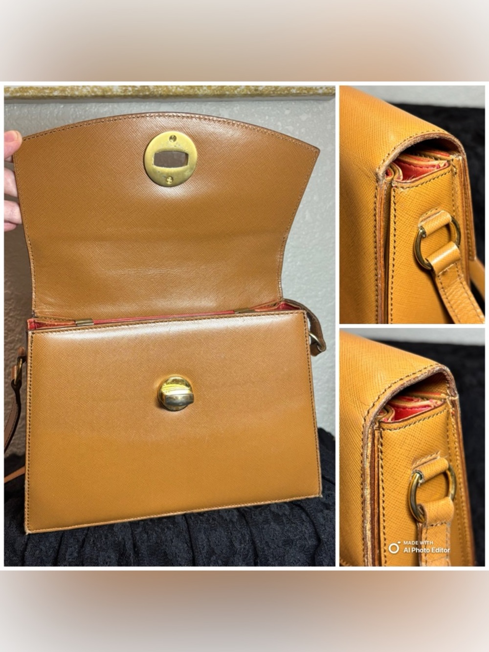 Vintage CELINE Camel Saffiano Accordion Flap Bag | Red Interior | Made in Italy - Picture 7 of 11